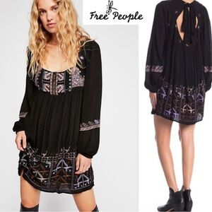 Free People Rhiannon Embroidered Black Mini Dress XS Boho Long Sleeve Lined